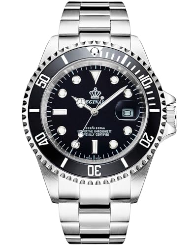 Reginald Men's Watch Luminous Quartz Rotatable Bezel Sapphire Glass Silver Stainless Steel Band and Case Waterproof Sports Black Watch - Image 1