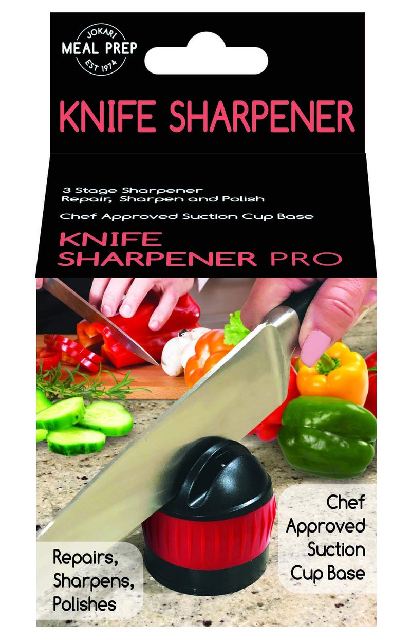 Jokari Knife Sharpener with Suction Kitchen Safety Seals to the Counter for One Handed Sharpening of Knives In 3 Steps Blades Make Diamond Sharp Slices Rated Near Chef Quality Skip the Electric Tool