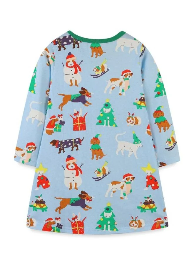 يونيكي Blue A-Line Crew Neck Printed Dress