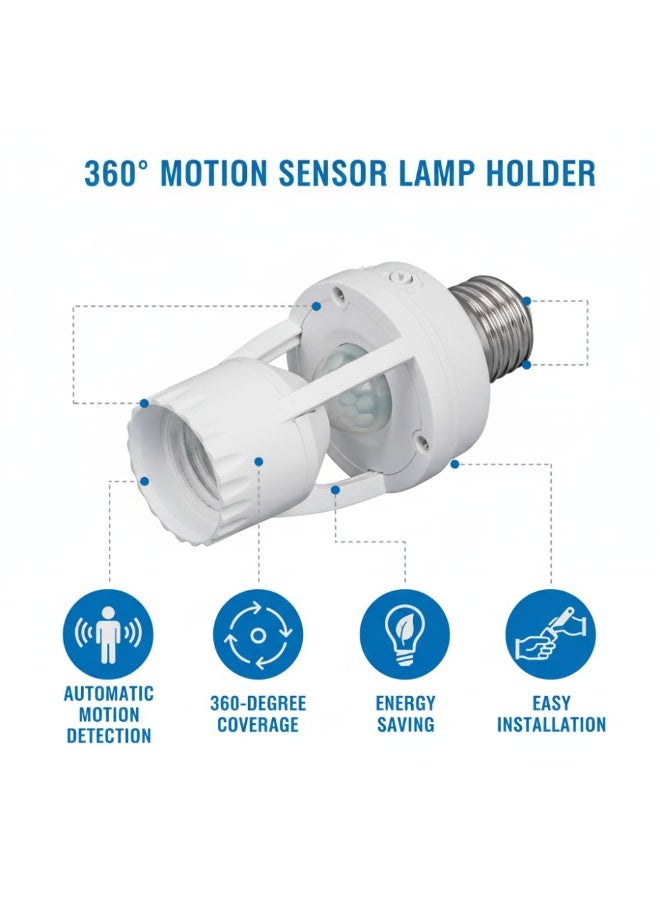 حامل مصباح ذكي بمستشعر حركة 360° PIR من VOLTAFY – تشغيل أوتوماتيكي، إضاءة LED، متوافق مع E27/E26، تحكم تلقائي حسب الغسق، مناسب للمنزل والشرفة والجراج – لون أبيض - Image 2