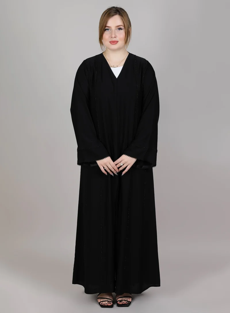 أم سكوير فاشن MSquare Fashion Black V Neck Embroidered Open Abaya
