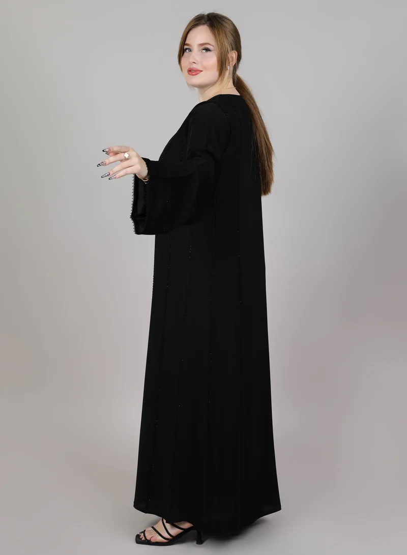 أم سكوير فاشن MSquare Fashion Black V Neck Embroidered Open Abaya