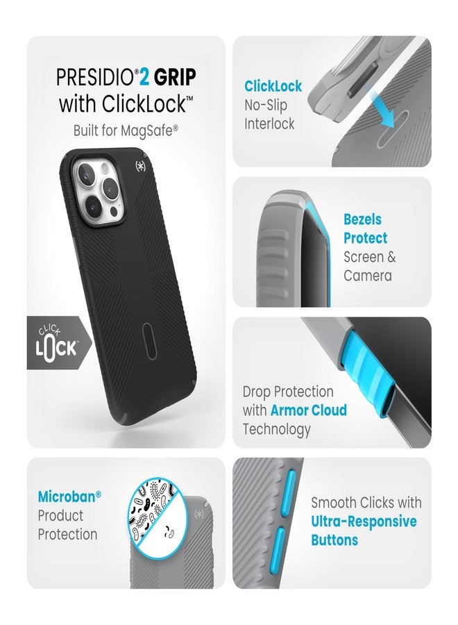 Speck iPhone 15 Pro Max Case - ClickLock No-Slip Interlock, Built for MagSafe, Drop Protection Grip - Scratch Resistant, Soft Touch, 6.7 Inch Phone Case - Presidio2 Grip Black/Slate Grey/White - Image 3