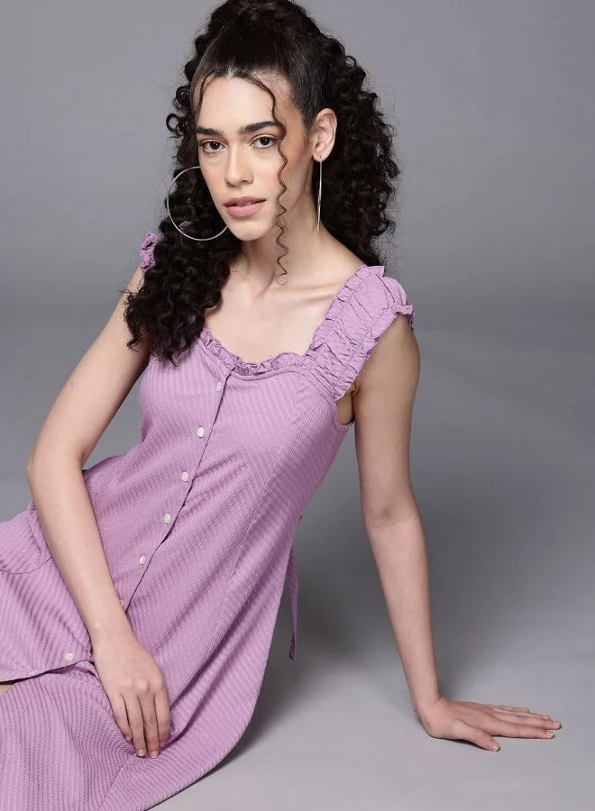 Freehand  Women Flared Textured Sweetheart Neck Sleeveless Button Down Dress for Women | Best Price UAE