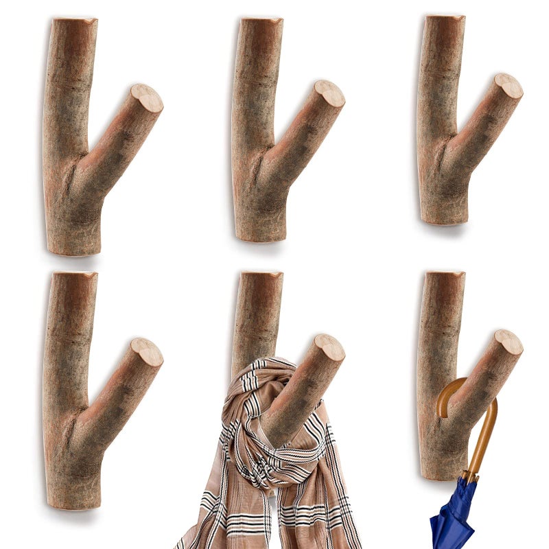 DEAYOU 6 Pack Wood Wall Hooks, Tree Branch Real Wooden Hooks for Hanging, Adhesive Farmhouse Rustic Hat Coat Hooks Wall Stickers for Towels, Bags, Scarves, Keys, Decoration (Width 0.8"-1.2") - Image 1