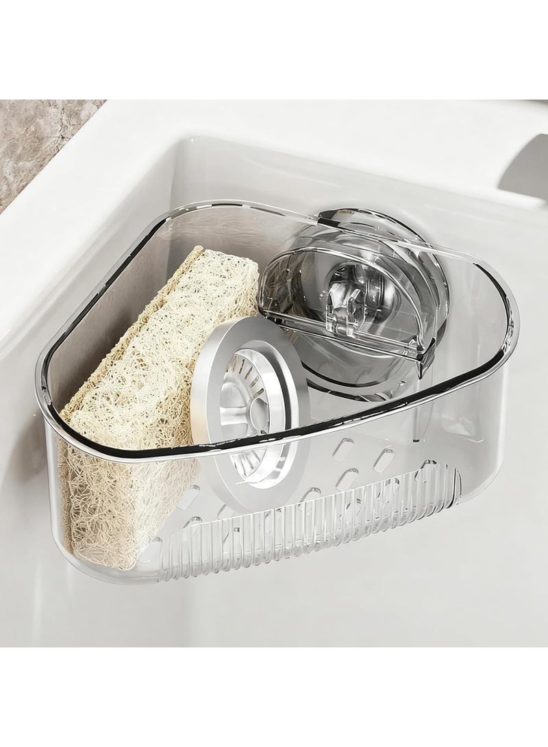SYOSI Sink Strainer Basket, Triangle Corner Suction Rack with Drainage Hole, Punch-Free Kitchen and Bathroom Trash Catcher for Sink, Easy Install Corner Storage Organizer, Transparent - Image 1