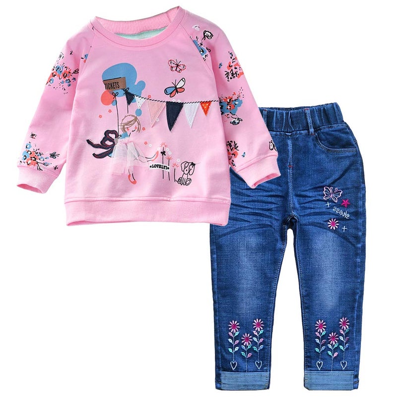 Peacolate 2-7T Toddler Big Girls Pants Set 2pcs Cotton top and Jeans(Rainbow,5T) - Image 1