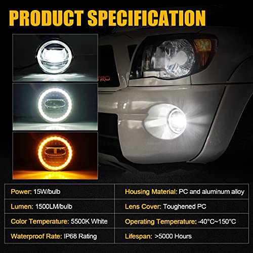 SUPAREE LED Fog Lights with Halo Ring White DRL/Yellow Turn Signal Fit for Tacoma 2005-2011/Tundra 2007-2013/Solara 2004-2006/Sequoia 2008-2015 Ideal for All-Weather Conditions,2 Pack - Image 4