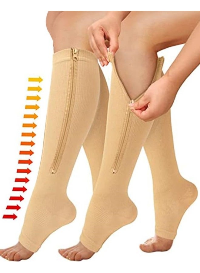 GGEROU جوارب ضغط بسحاب 15-20 مم زئبقي للنساء والرجال، زوجان من جوارب الضغط حتى الركبة، جوارب طبية مفتوحة لدعم أصابع القدم، لون بيج - Image 1