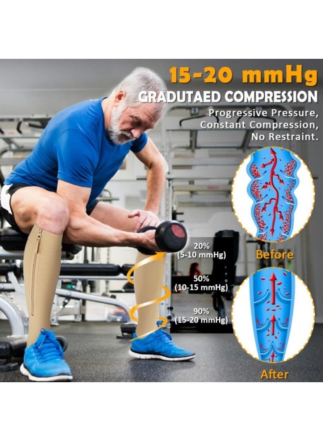 GGEROU جوارب ضغط بسحاب 15-20 مم زئبقي للنساء والرجال، زوجان من جوارب الضغط حتى الركبة، جوارب طبية مفتوحة لدعم أصابع القدم، لون بيج - Image 5