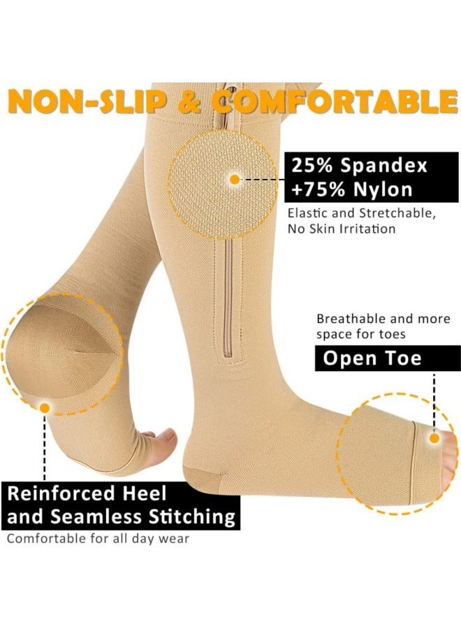GGEROU جوارب ضغط بسحاب 15-20 مم زئبقي للنساء والرجال، زوجان من جوارب الضغط حتى الركبة، جوارب طبية مفتوحة لدعم أصابع القدم، لون بيج - Image 3