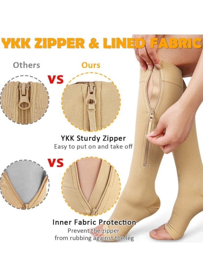 GGEROU جوارب ضغط بسحاب 15-20 مم زئبقي للنساء والرجال، زوجان من جوارب الضغط حتى الركبة، جوارب طبية مفتوحة لدعم أصابع القدم، لون بيج - Image 2