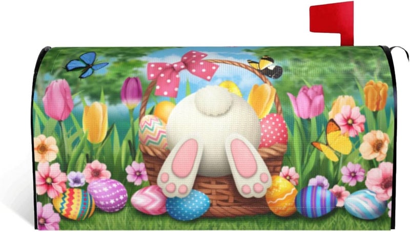 ARKUKT Easter Mailbox Cover Magnetic Welcome Bunny Rabbit Eggs Spring Mailbox Wraps Post Letter Box Cover for Garden Yard Home Decor Standard Size 21" x 18" - Image 1