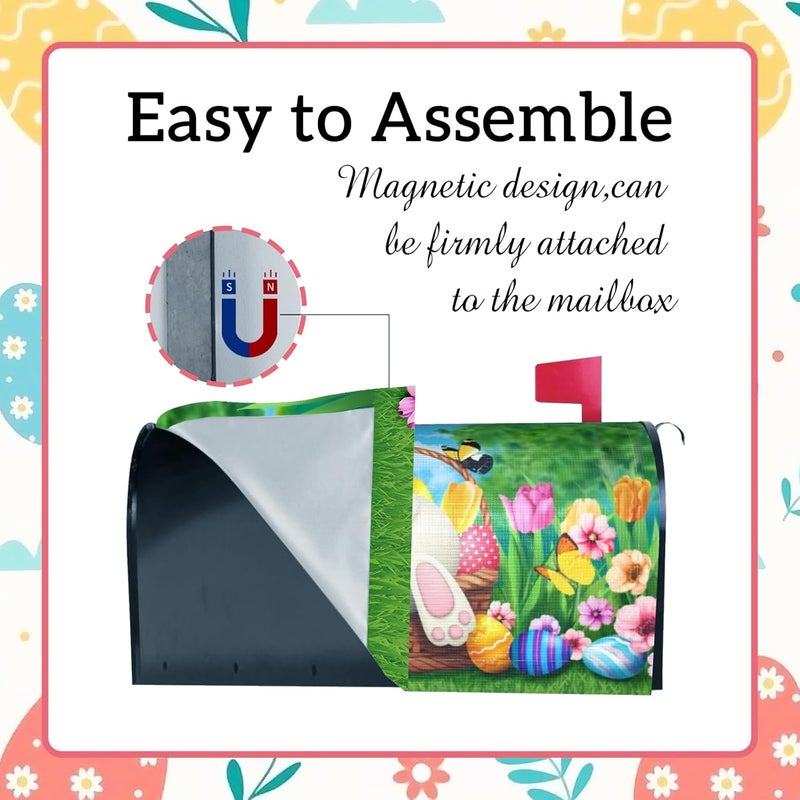 ARKUKT Easter Mailbox Cover Magnetic Welcome Bunny Rabbit Eggs Spring Mailbox Wraps Post Letter Box Cover for Garden Yard Home Decor Standard Size 21" x 18" - Image 3