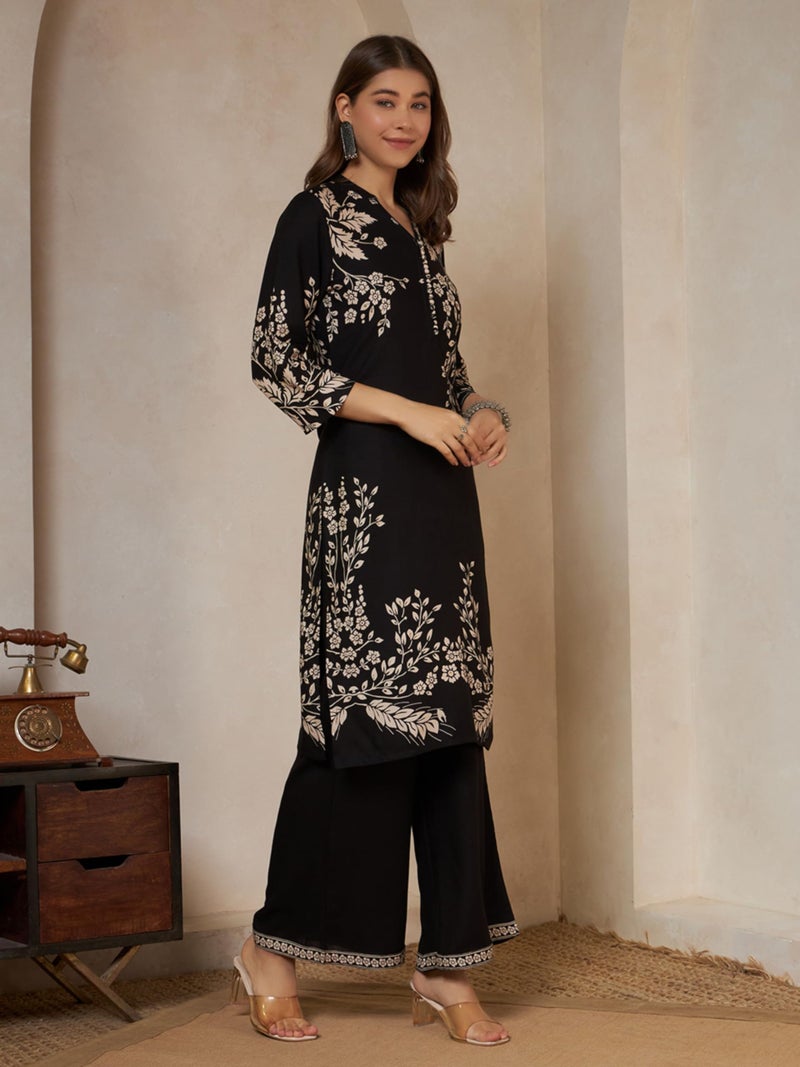 SHOPPING QUEEN Women's Rayon Printed Kurta Set (A704_Black_M) - Image 3