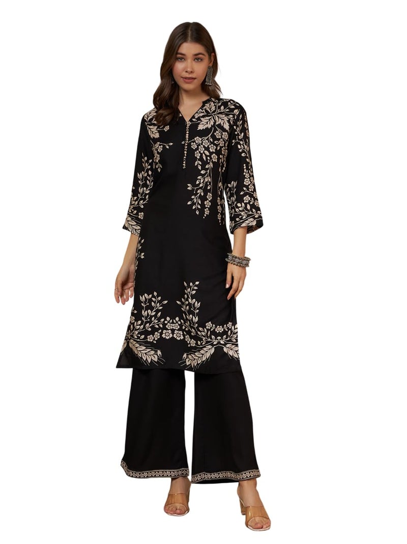 SHOPPING QUEEN Women's Rayon Printed Kurta Set (A704_Black_M) - Image 1