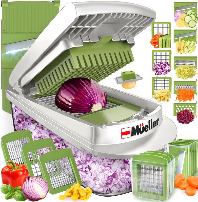 Mueller Pro-Series 10-in-1, 8 Blade Vegetable Chopper, Onion Mincer, Cutter, Dicer, Egg Slicer with Container, French Fry Cutter Potato Slicer, Home Essentials, Salad Chopper White Sand/Green - Image 1