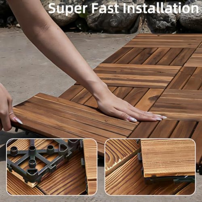 Hardwood Interlocking Deck Tiles - All Weather Waterproof, Easy Snap Installation, Slip-Resistant Durable - for Patio, Balcony, Garden, Poolside, Hot Tub, Indoor and Outdoor - 10PCS 30x30cm - Image 5