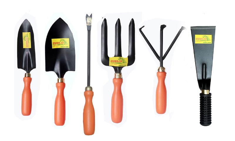 GLOBUS 116 Garden Tool KIT Pack of 6 PCS (Transplanter, Big Trowel, Weeder Fork, Weeder, Cultivator KHURPA 3") - Image 1