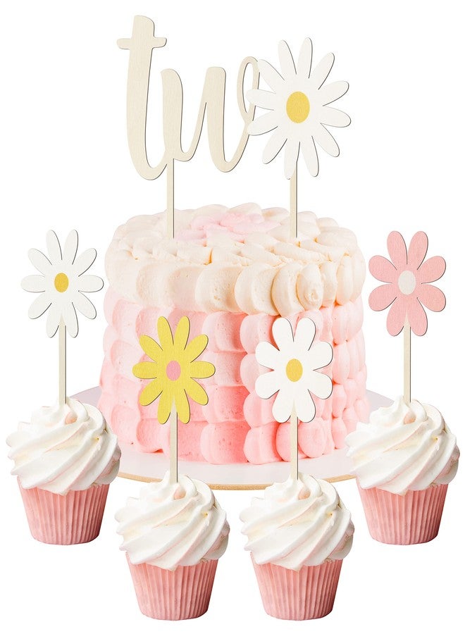 BkeeCten Wooden TWO Cake Toppers - 5pcs Daisy Wooden TWO Cake Toppers Painted Colorful Boho Groovy Daisy Flower Dessert Cupcake Topper Decors for Kid’s Two Years Old Birthday Party Favors Supplies - Image 1
