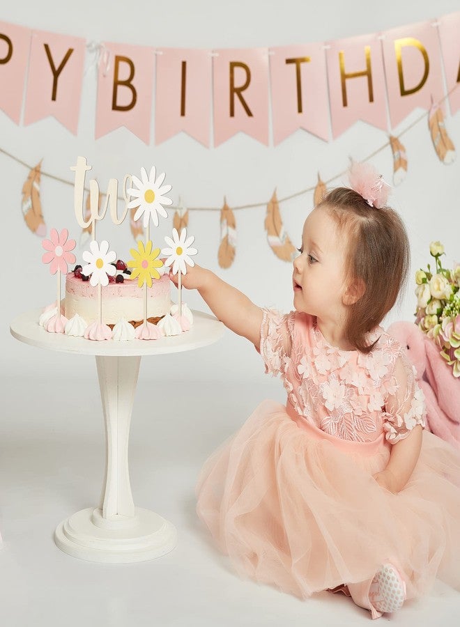BkeeCten Wooden TWO Cake Toppers - 5pcs Daisy Wooden TWO Cake Toppers Painted Colorful Boho Groovy Daisy Flower Dessert Cupcake Topper Decors for Kid’s Two Years Old Birthday Party Favors Supplies - Image 5