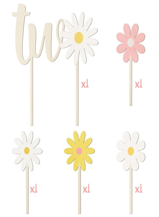 BkeeCten Wooden TWO Cake Toppers - 5pcs Daisy Wooden TWO Cake Toppers Painted Colorful Boho Groovy Daisy Flower Dessert Cupcake Topper Decors for Kid’s Two Years Old Birthday Party Favors Supplies - Image 3