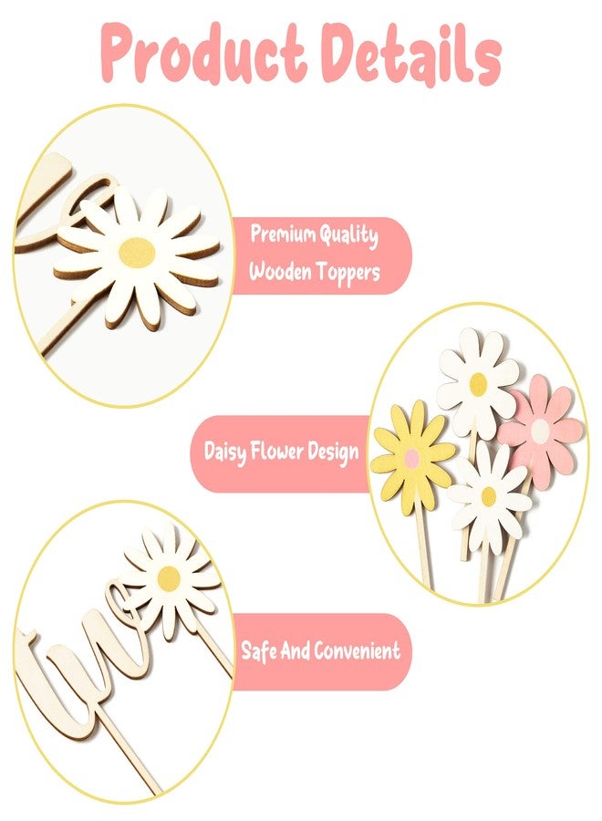 BkeeCten Wooden TWO Cake Toppers - 5pcs Daisy Wooden TWO Cake Toppers Painted Colorful Boho Groovy Daisy Flower Dessert Cupcake Topper Decors for Kid’s Two Years Old Birthday Party Favors Supplies - Image 4