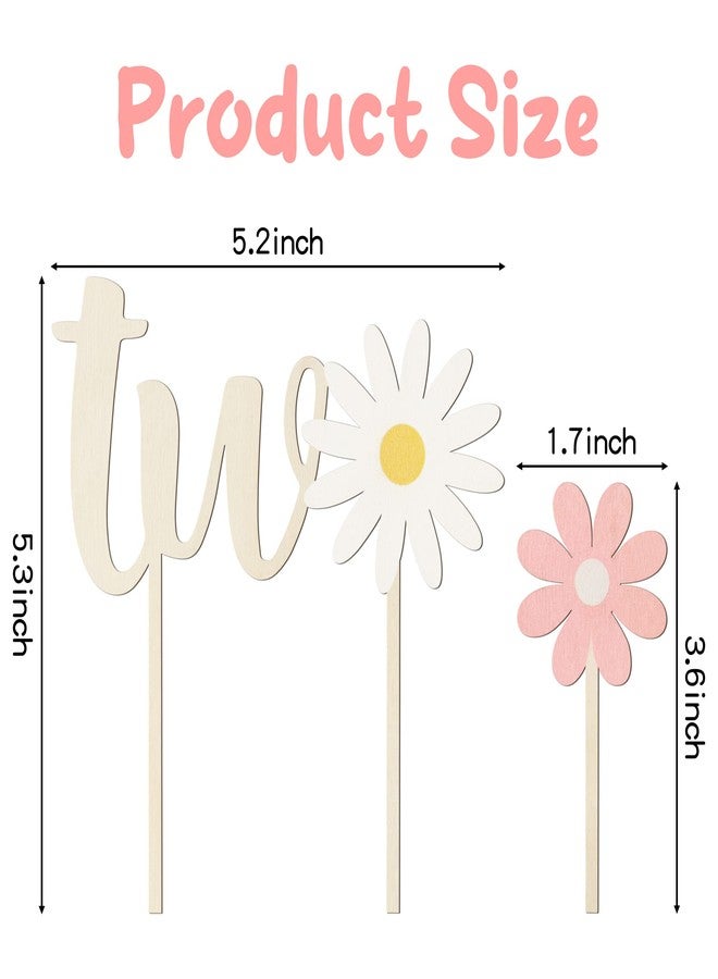 BkeeCten Wooden TWO Cake Toppers - 5pcs Daisy Wooden TWO Cake Toppers Painted Colorful Boho Groovy Daisy Flower Dessert Cupcake Topper Decors for Kid’s Two Years Old Birthday Party Favors Supplies - Image 2