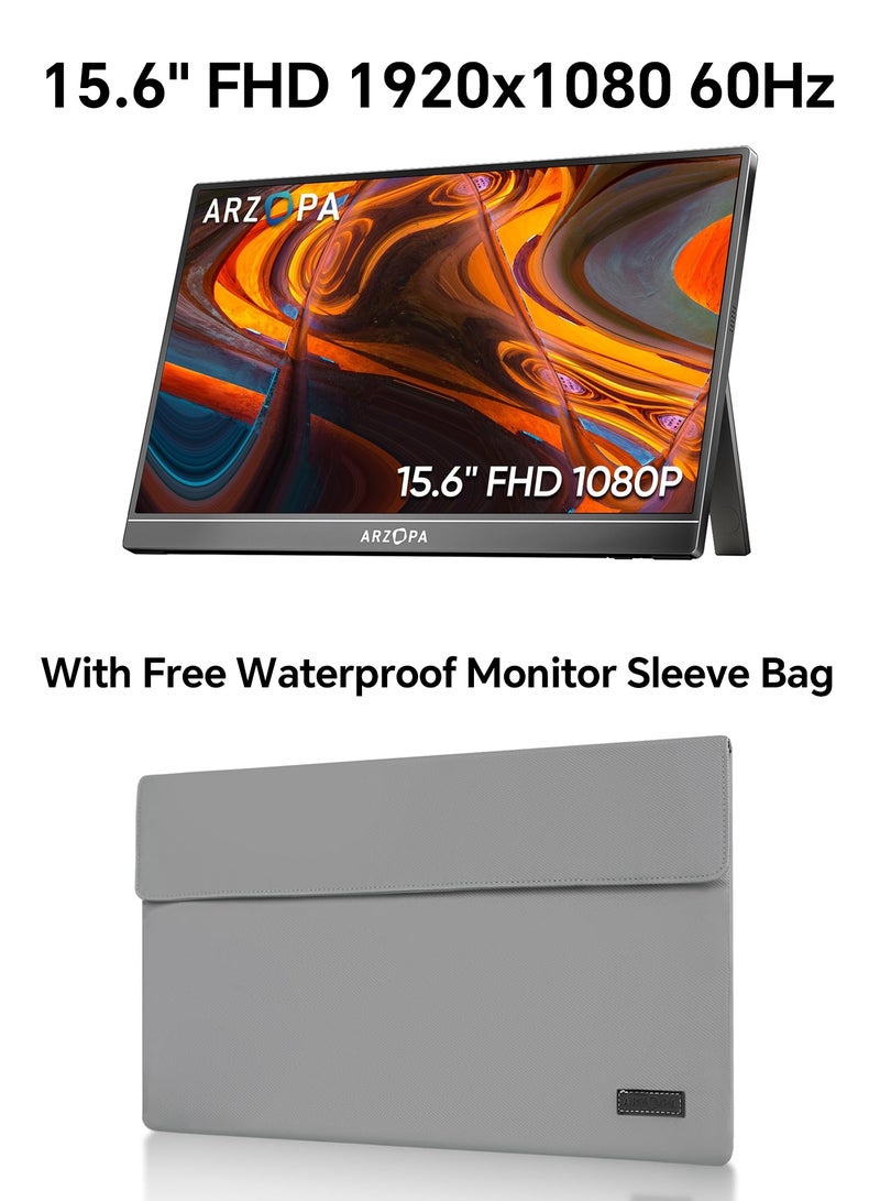ARZOPA Portable Monitor 15.6'' FHD 1080P - Ultra-Slim Portable Laptop Monitor with Kickstand - IPS Display for PC, MAC, Phone, Xbox, PS5, Switch - USB C & HDMI Connectivity(With Free Waterproof Monitor Sleeve Bag) - Image 1
