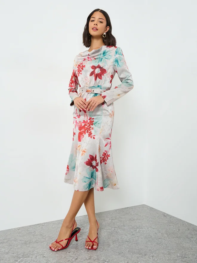 Styli  Styli Floral Print Midi Dress with Belt for Women | Best Price UAE