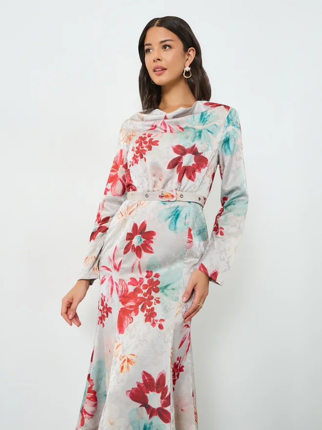 Styli  Styli Floral Print Midi Dress with Belt for Women | Best Price UAE