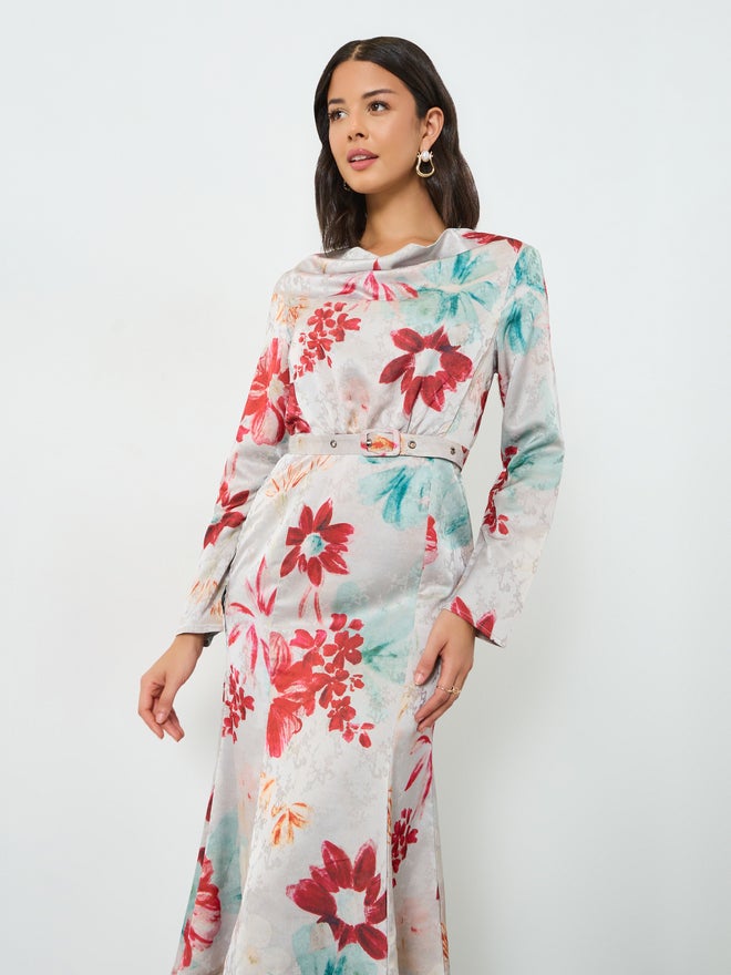 Styli Floral Print Midi Dress with Belt - Image 2