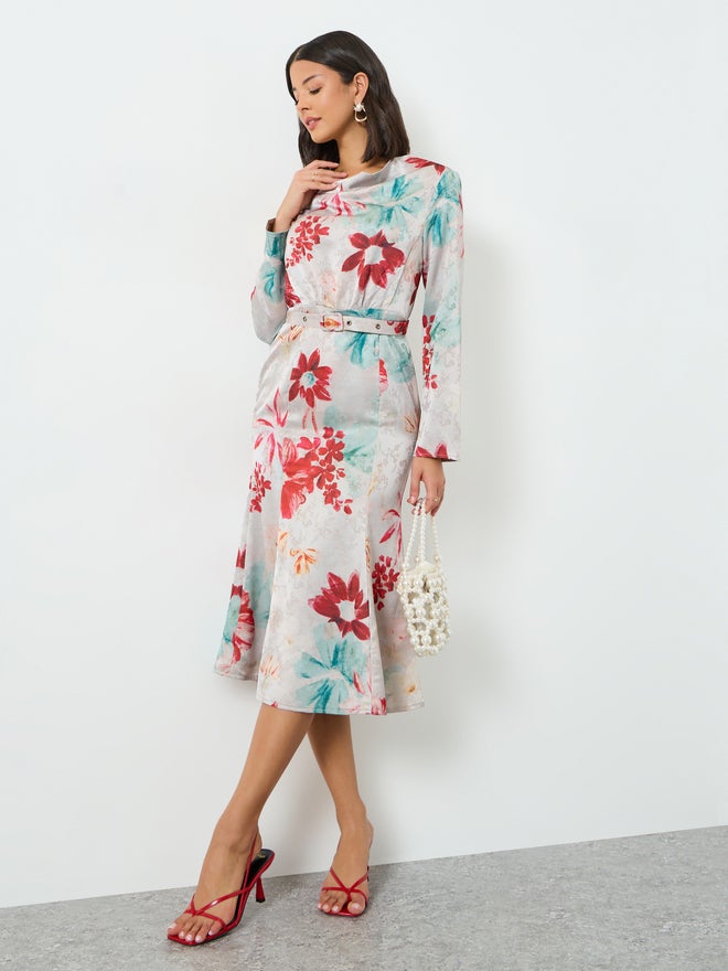 Styli Floral Print Midi Dress with Belt - Image 1