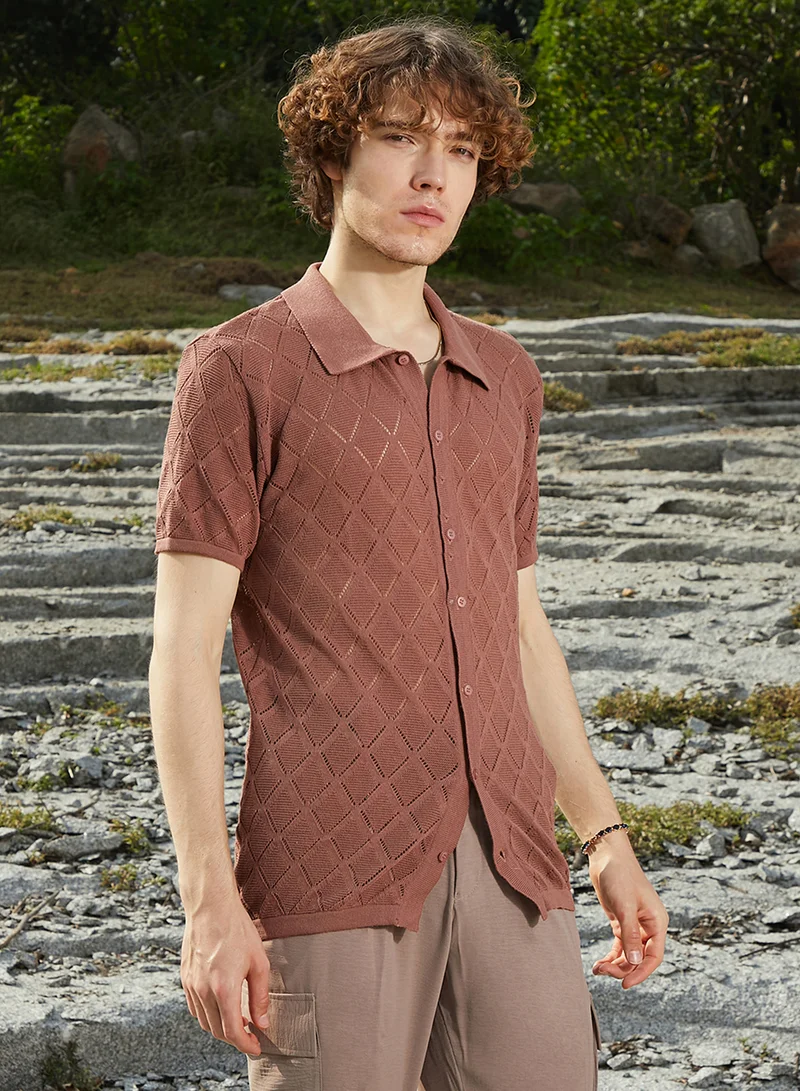 CAHOOT  Men's Sienna Brown Rhombus-Knit Slim-Fit Shirt for Men | Best Price UAE