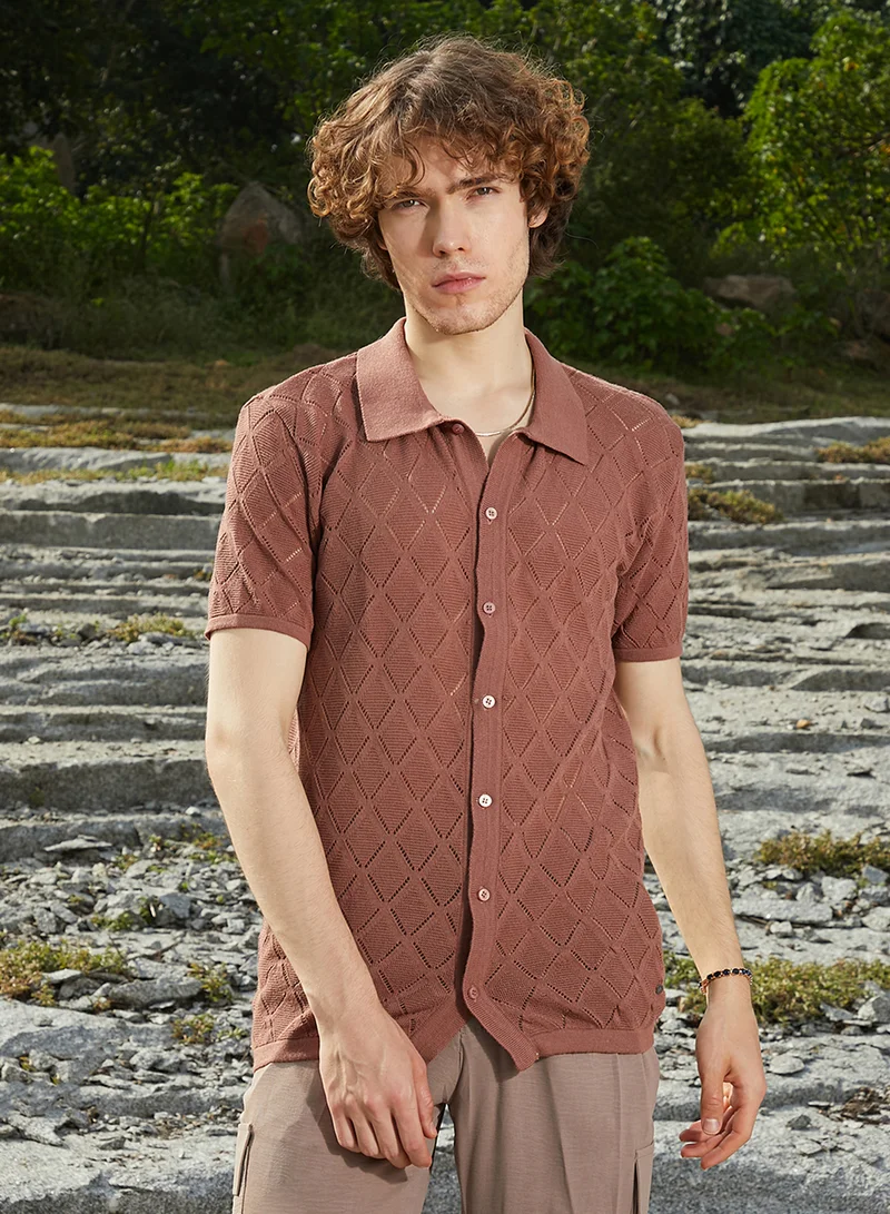 Campus Sutra Men's Sienna Brown Rhombus-Knit Slim-Fit Shirt