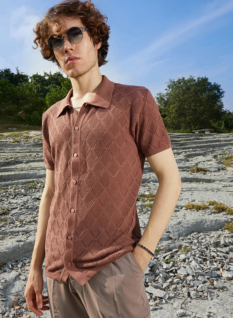 Campus Sutra Men's Sienna Brown Rhombus-Knit Slim-Fit Shirt