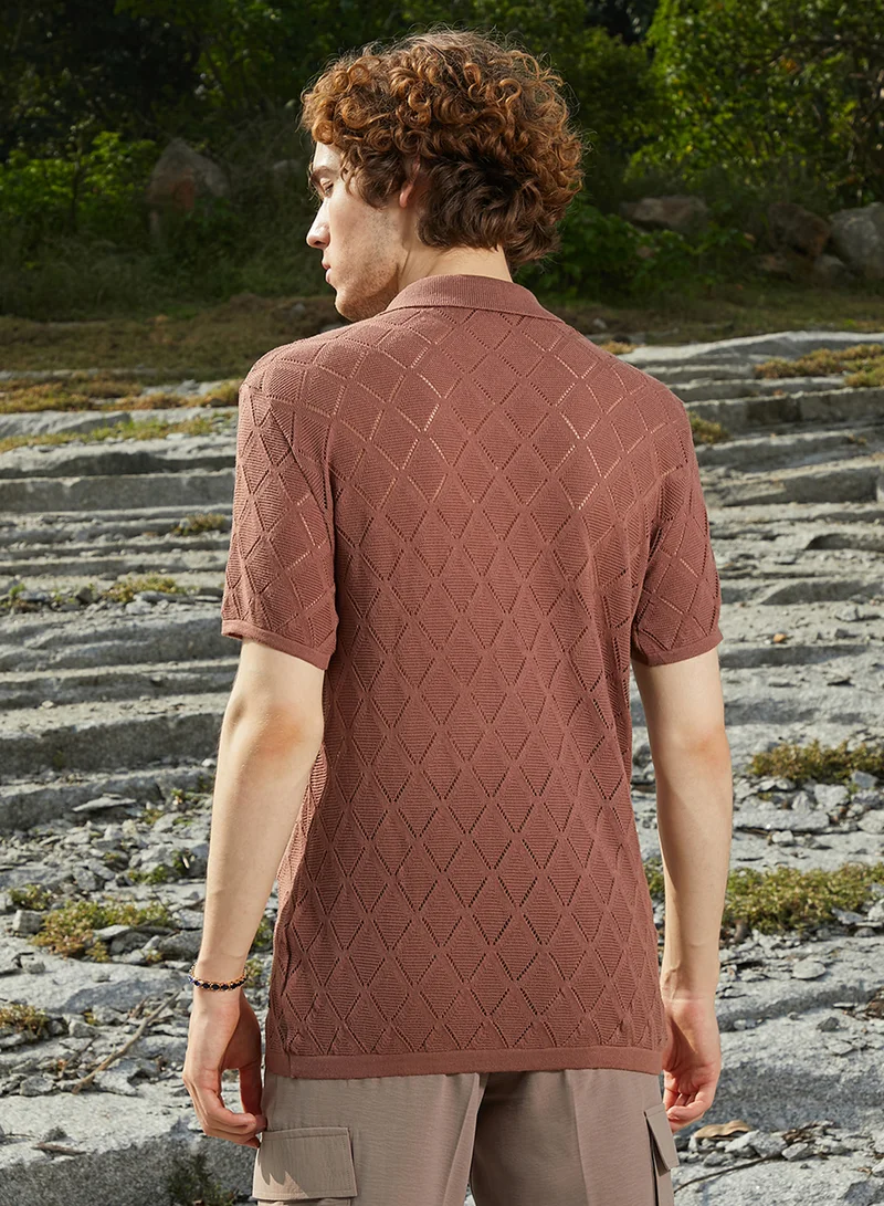 CAHOOT  Men's Sienna Brown Rhombus-Knit Slim-Fit Shirt for Men | Best Price UAE