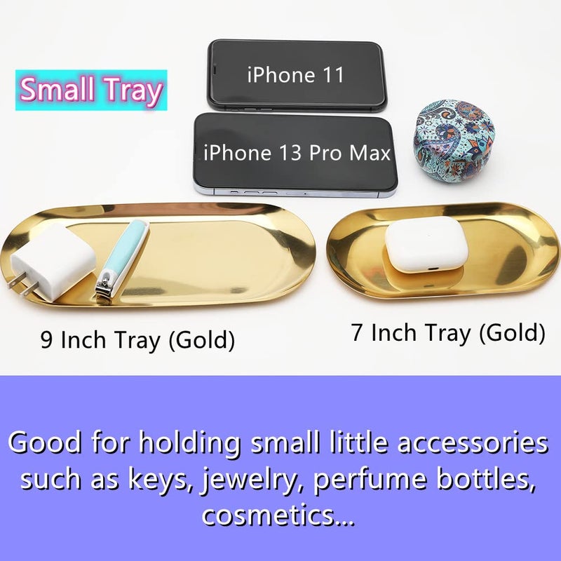 Fermus Stainless Steel Decorative Tray  Set of 2  9 Inch Long  Jewelry Dish Cosmetics Organizer Bathroom Clutter Serving Platter Small Storage Tray  Oval  Gold - Image 3