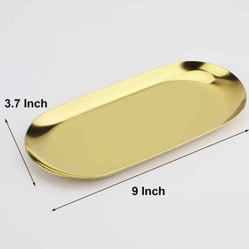 Fermus Stainless Steel Decorative Tray  Set of 2  9 Inch Long  Jewelry Dish Cosmetics Organizer Bathroom Clutter Serving Platter Small Storage Tray  Oval  Gold - Image 2