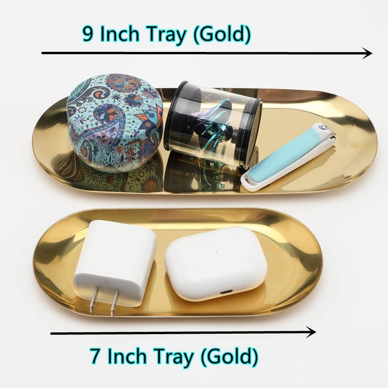 Fermus Stainless Steel Decorative Tray  Set of 2  9 Inch Long  Jewelry Dish Cosmetics Organizer Bathroom Clutter Serving Platter Small Storage Tray  Oval  Gold - Image 4
