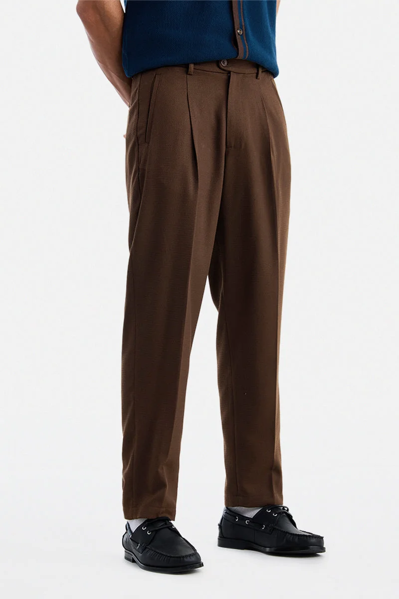 SNITCH Brown Textured Regular Fit Formal Trousers