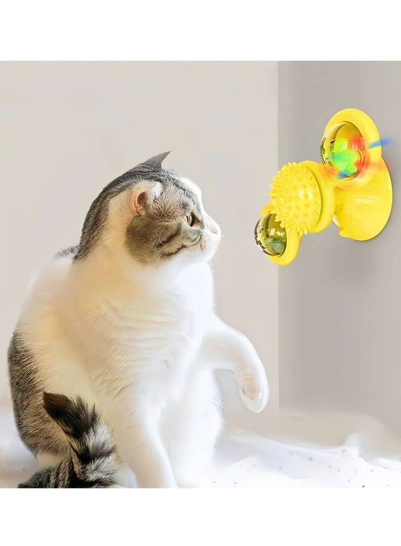 DRAVEN - GG Windmill Cat Toy Catnip Toys, Cat Toys Interactive Chew Toys, Upgrade Cat Toothbrush Cat Hair Brush Turntable Massage Scratching Tickle Toy with Suction Cup, for Indoor Cats (Yellow) - Image 1