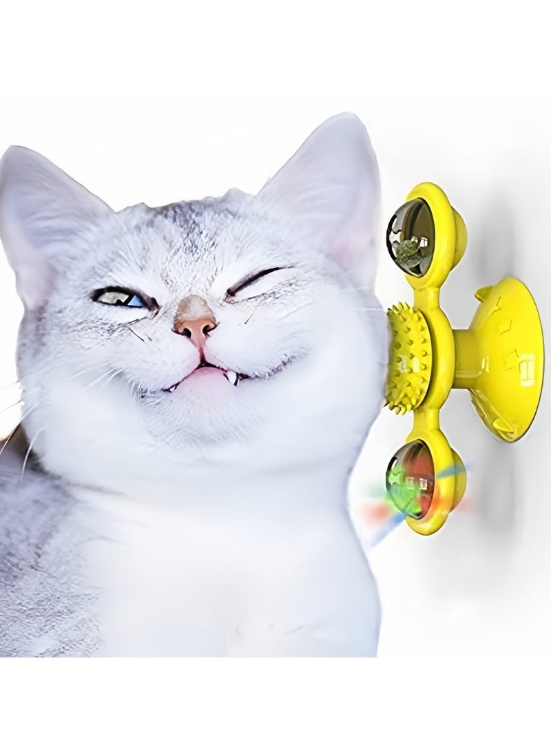 DRAVEN - GG Windmill Cat Toy Catnip Toys, Cat Toys Interactive Chew Toys, Upgrade Cat Toothbrush Cat Hair Brush Turntable Massage Scratching Tickle Toy with Suction Cup, for Indoor Cats (Yellow) - Image 3