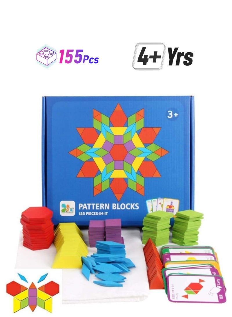 155 Pcs Wooden Pattern Blocks Set Geometric Shape Puzzle kindergarten Classic Developmental Learning Educational Montessori Tangram Toys for Kids Ages 4-8 with 24 Pcs Design Cards ﻿ - Image 1