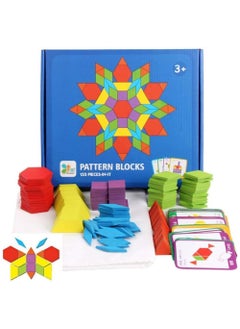 BJM 155 Pcs Wooden Pattern Blocks Set Geometric Shape Puzzle kindergarten Classic Developmental Learning Educational Montessori Tangram Toys for Kids Ages 4-8 with 24 Pcs Design Cards ﻿  - Image 1