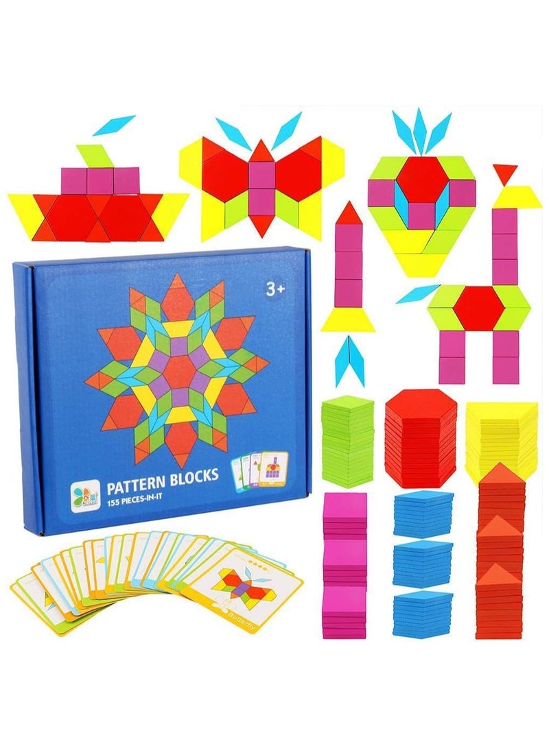 155 Pcs Wooden Pattern Blocks Set Geometric Shape Puzzle kindergarten Classic Developmental Learning Educational Montessori Tangram Toys for Kids Ages 4-8 with 24 Pcs Design Cards ﻿ - Image 4