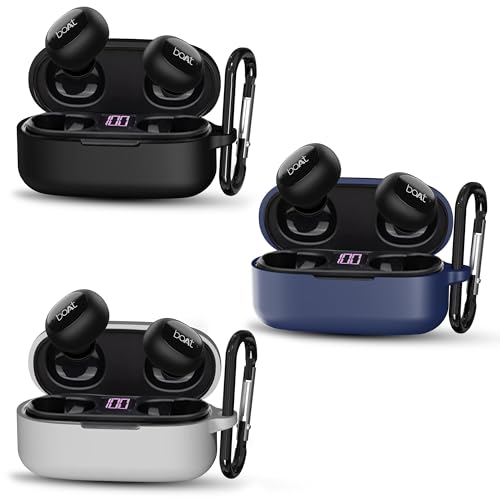 Sounce Silicone Protective Case Cover for Boat Airdopes 121v2 / Boat Airdopes 121 – Anti-Fall, Anti-Dust Earphone Case with Hook, Fingerprint-Resistant – Pack of 3 (Black, Blue, Grey – 1 Piece Each) - Image 1