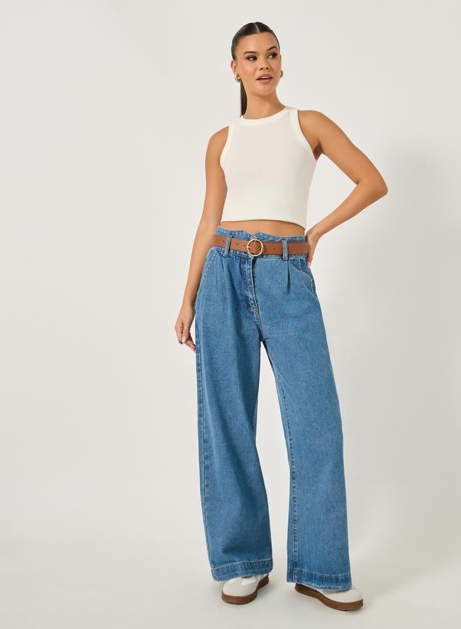 Styli High Rise Wide Leg Jeans with Waistband Corset Detail - Image 1