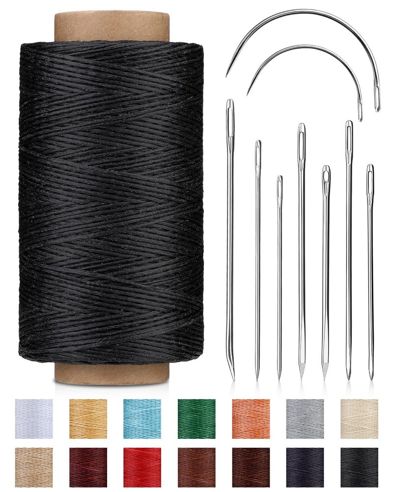 DIUDUS 218 Yards Waxed Thread Leather Sewing Waxed Thread with Heavy Duty Sewing Needles Leather Thread for Hand Stitching Leathercraft Repair Furniture Shoes Bags Sofa Black
