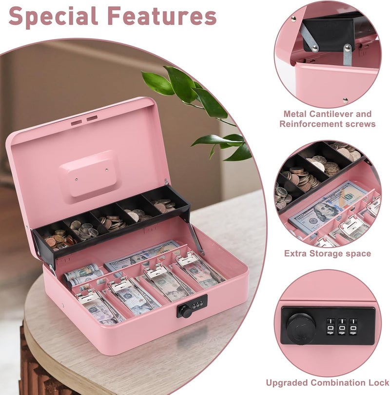 KYODOLED Locking Money Box with Combination Lock, Metal Cash Box with Money Tray, Cash Register,5 Compartments Cantilever Tray 4 Spring Loaded Clips,11.81Lx 9.45Wx 3.54H Inches Pink X Large - Image 5